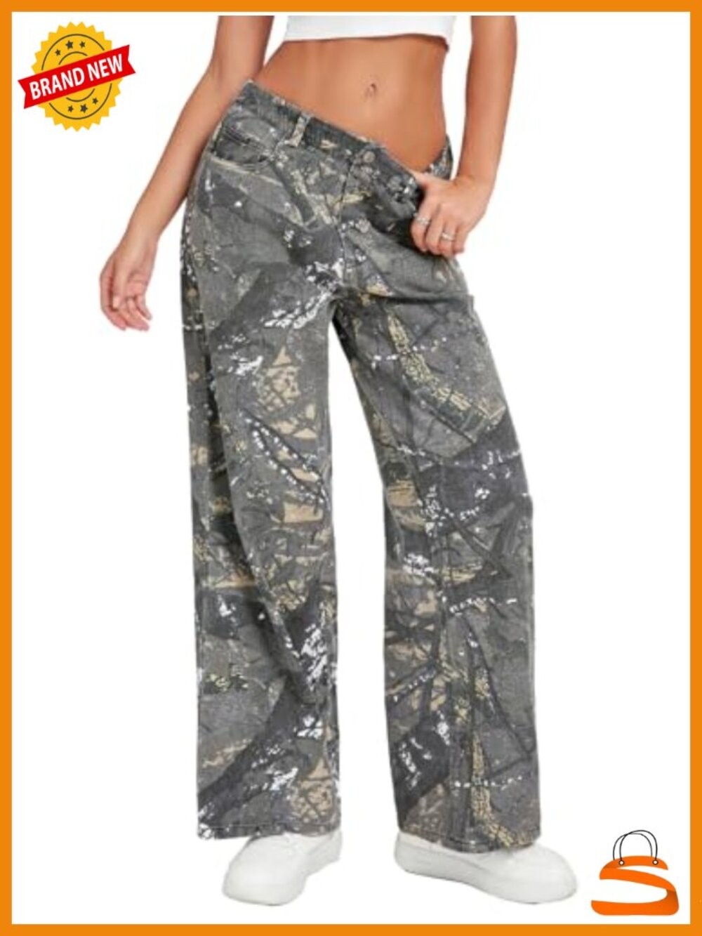 Baggy Wide Leg Camo Jeans Women Mid Rise Elastic Waist Army Fatigue Denim Pants